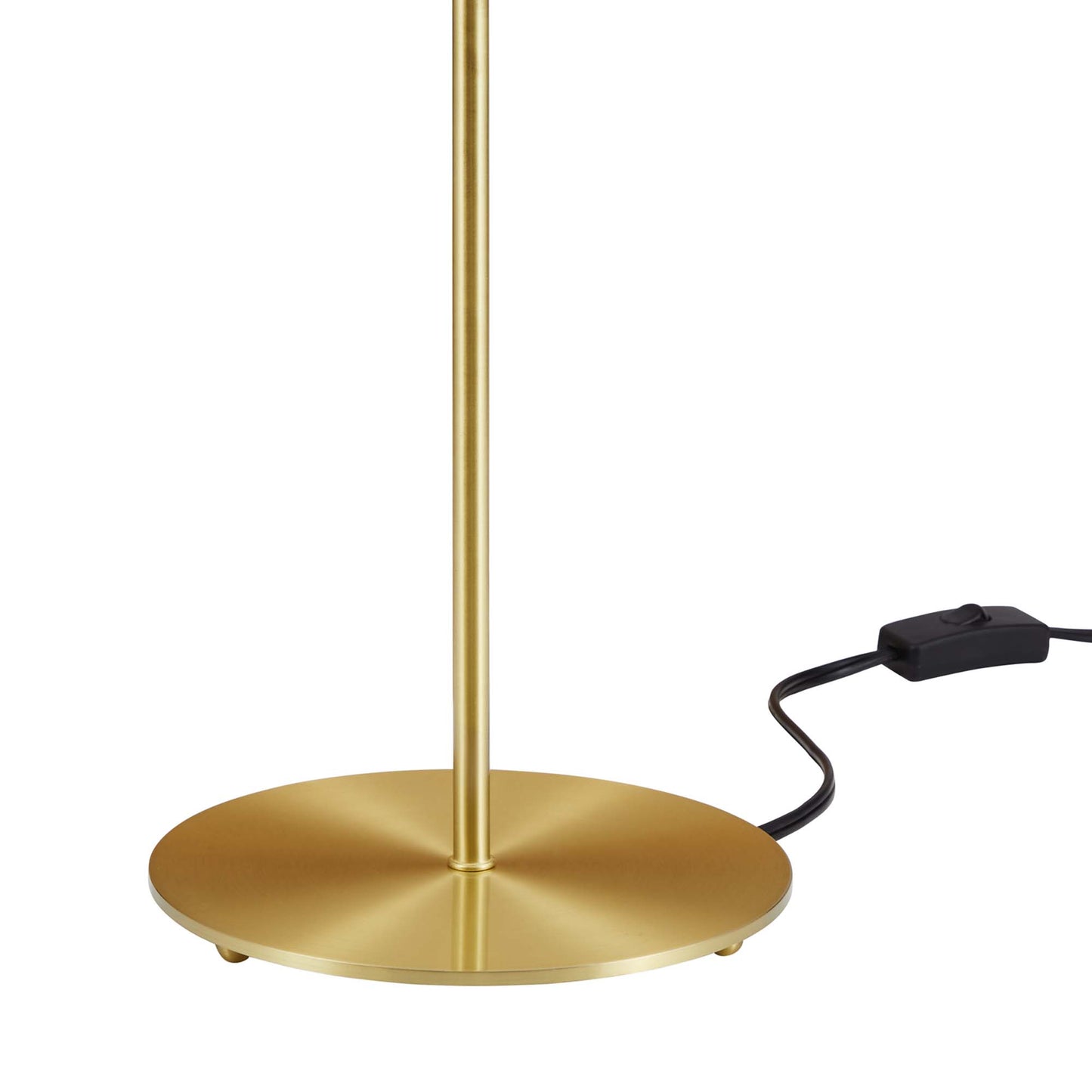 Brown metal table lamp with a round disc base, vertical stem, and a black cord with an inline switch.