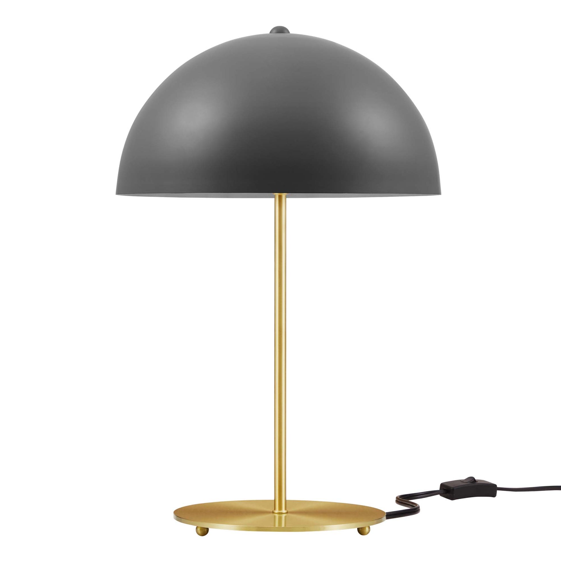 Gray dome shade lamp on brass stem with round brass base and inline switch cord.