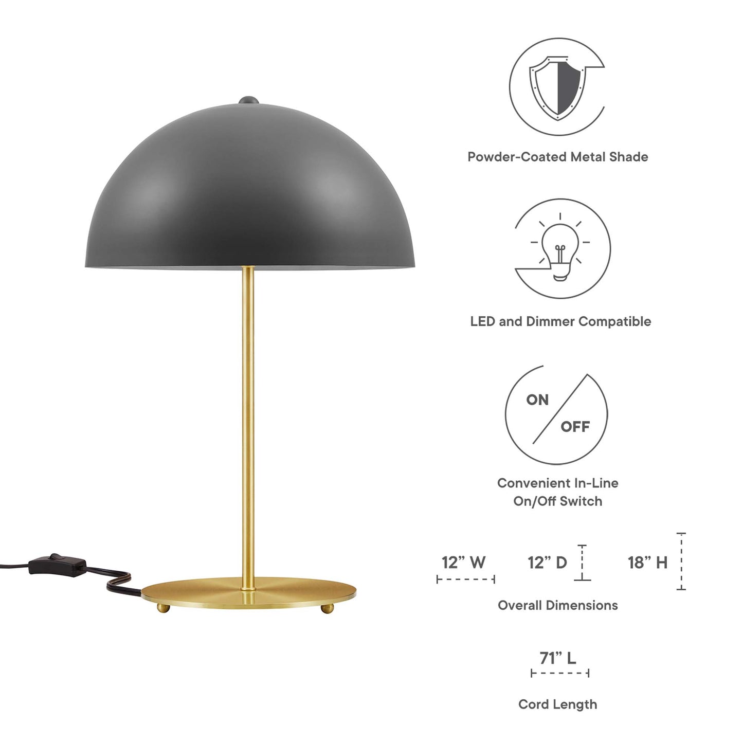 Brown dome shade lamp on brass stem with round brass base; mid-century table lamp, 12"W x 12"D x 18"H, inline switch, LED compatible.