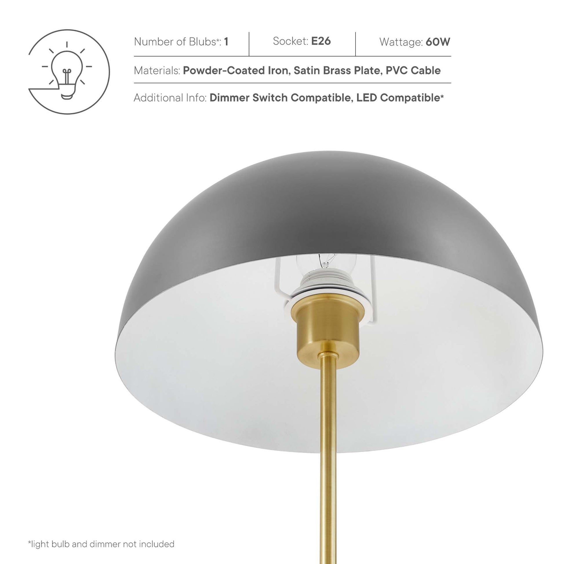 Gray dome metal table lamp with powder-coated iron body, satin-brass stem and PVC cord; E26 socket.