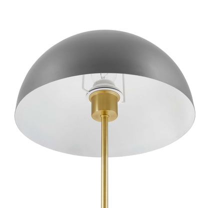 Gray dome metal table lamp with white interior shade and brass stem, mid-century modern style.