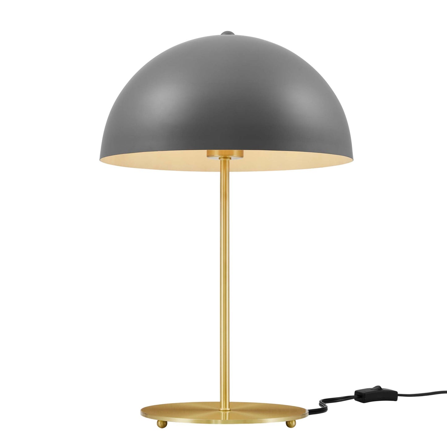 Grey dome shade table lamp with brass gold stem and base, corded with inline switch, mid-century modern.