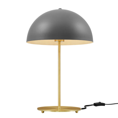 Grey dome shade table lamp with brass gold stem and base, corded with inline switch, mid-century modern.