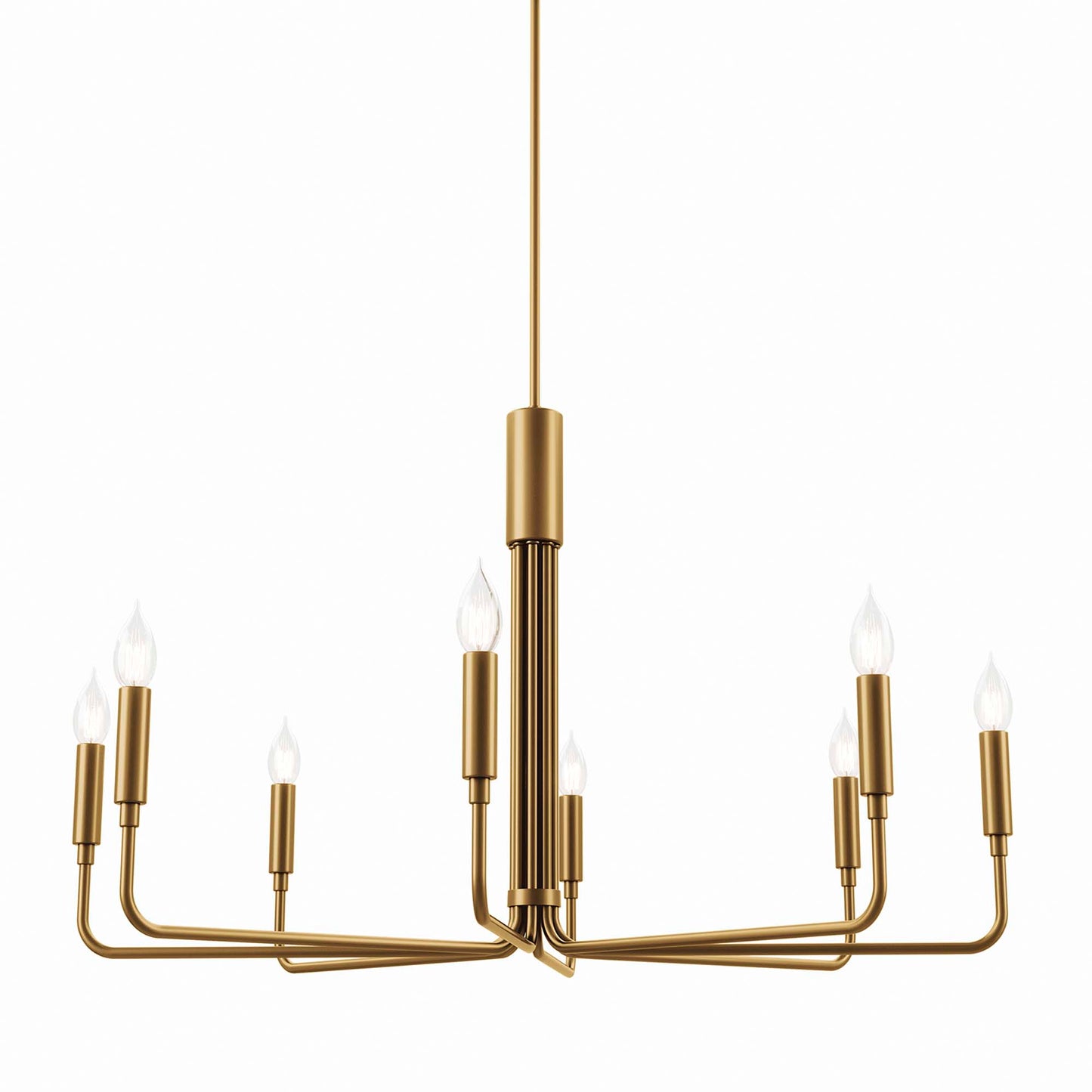 Gold metal chandelier with multiple candle-style bulbs on an open geometric frame; modern luxe ceiling light.