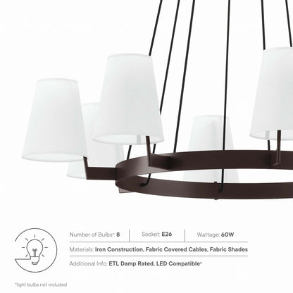 Eight white fabric shade lamps on a circular white bronze ring with black suspension cords.