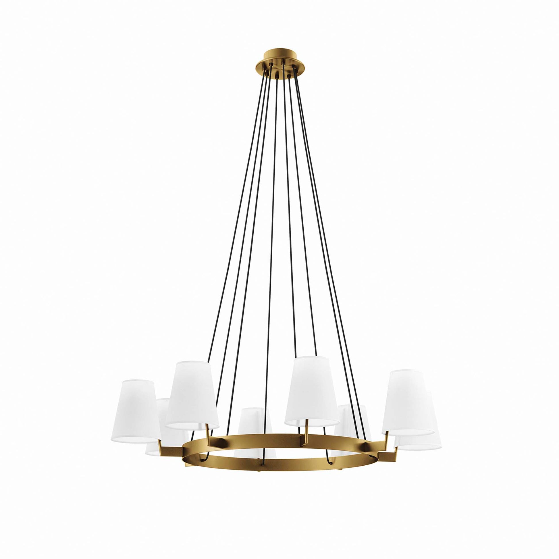 Satin-brass circular chandelier with white fabric cone shades, hung by black cords for modern dining room lighting