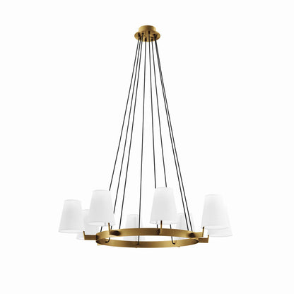 Satin-brass circular chandelier with white fabric cone shades, hung by black cords for modern dining room lighting
