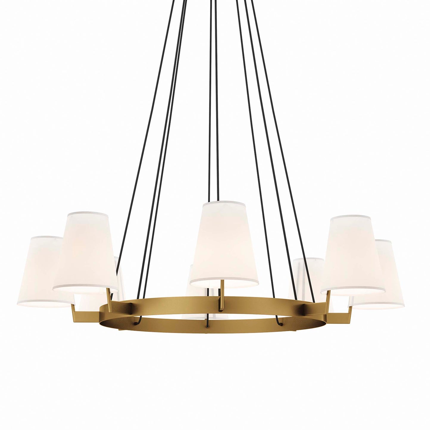 Gold circular chandelier with white drum shades & black suspension cords.