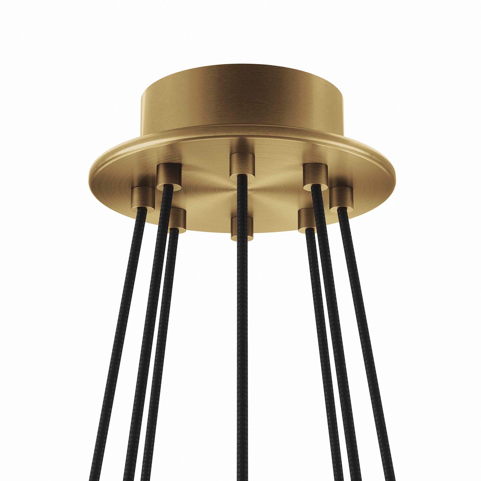 Round white satin brass ceiling canopy with eight black fabric cords forming a modern eight-light chandelier.