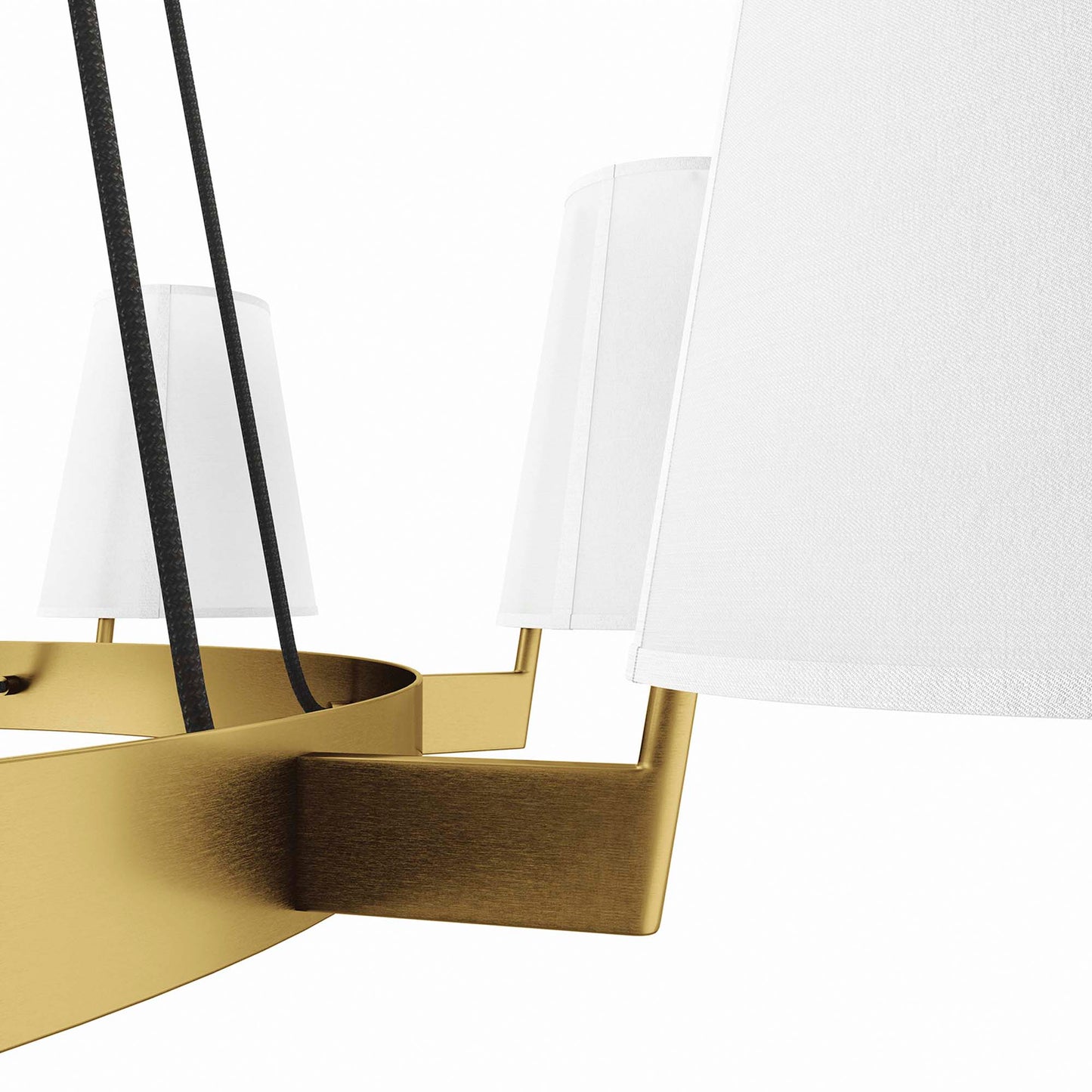 Close-up of a modern chandelier with a white fabric shade, satin brass finish, and black cords.