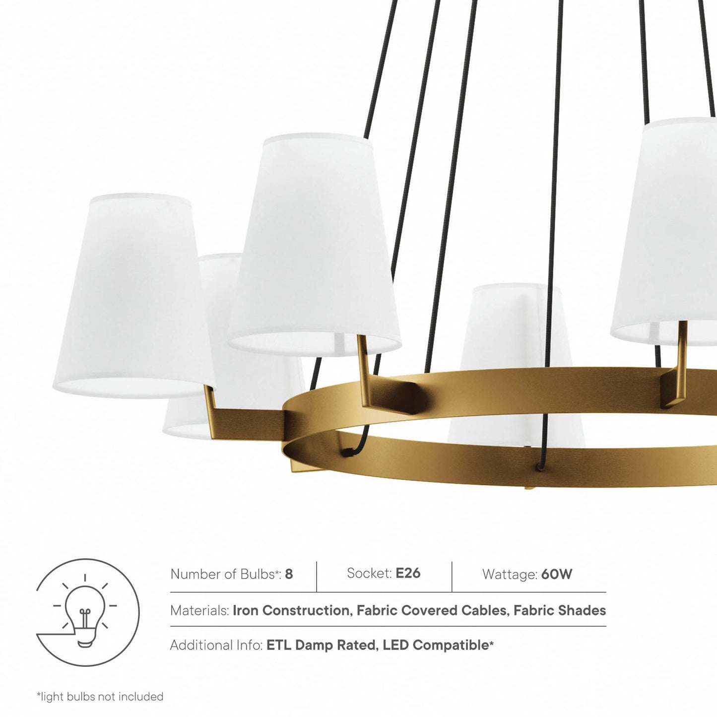 Eight-light chandelier with white fabric shades and a satin brass circular ring, suspended by black cords.