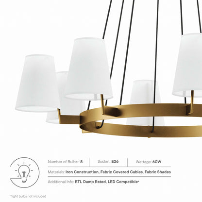 Eight-light chandelier with white fabric shades and a satin brass circular ring, suspended by black cords.