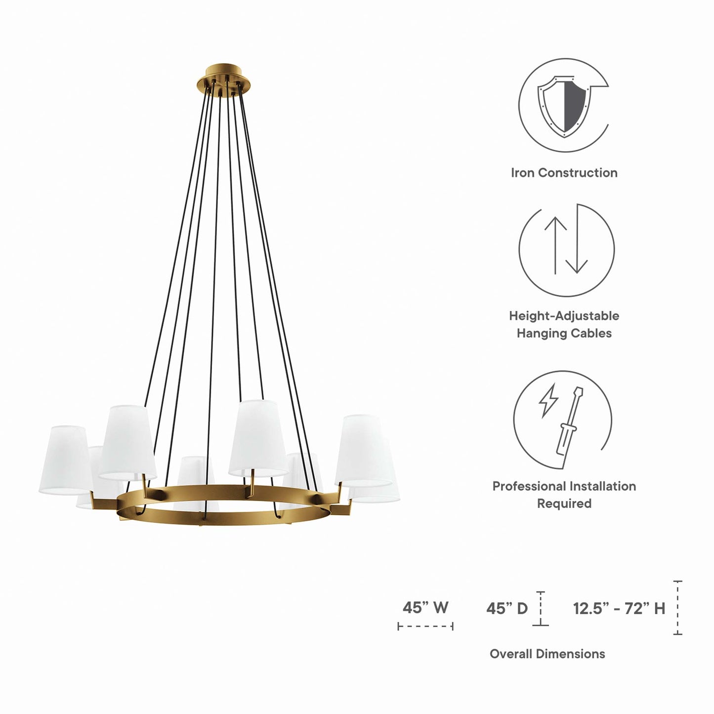 White satin brass circular chandelier with eight lights, suspended by cables; modern dining fixture.