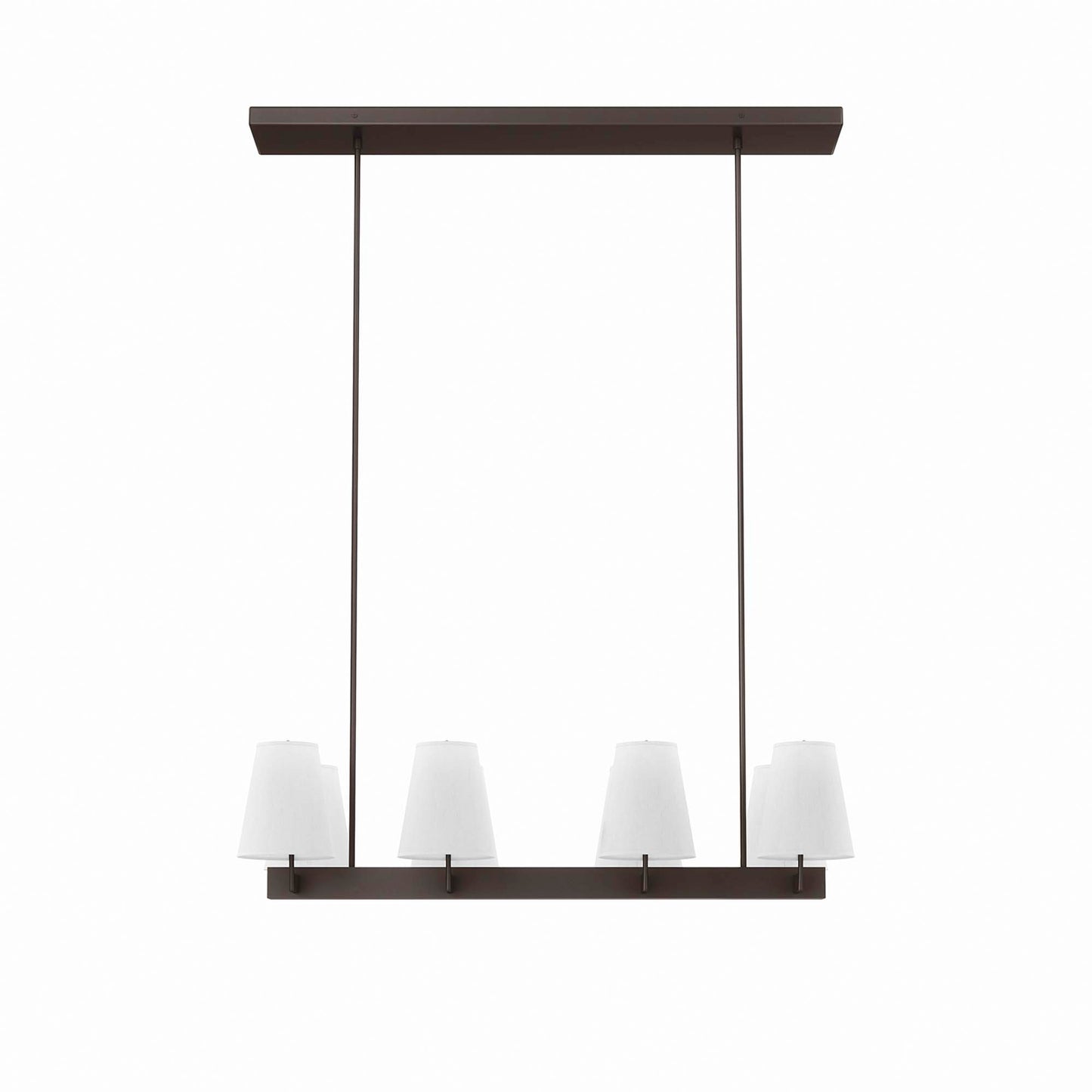 White brass finish eight-light chandelier with a metal frame and four white fabric drum shades; ceiling-hung chandelier.