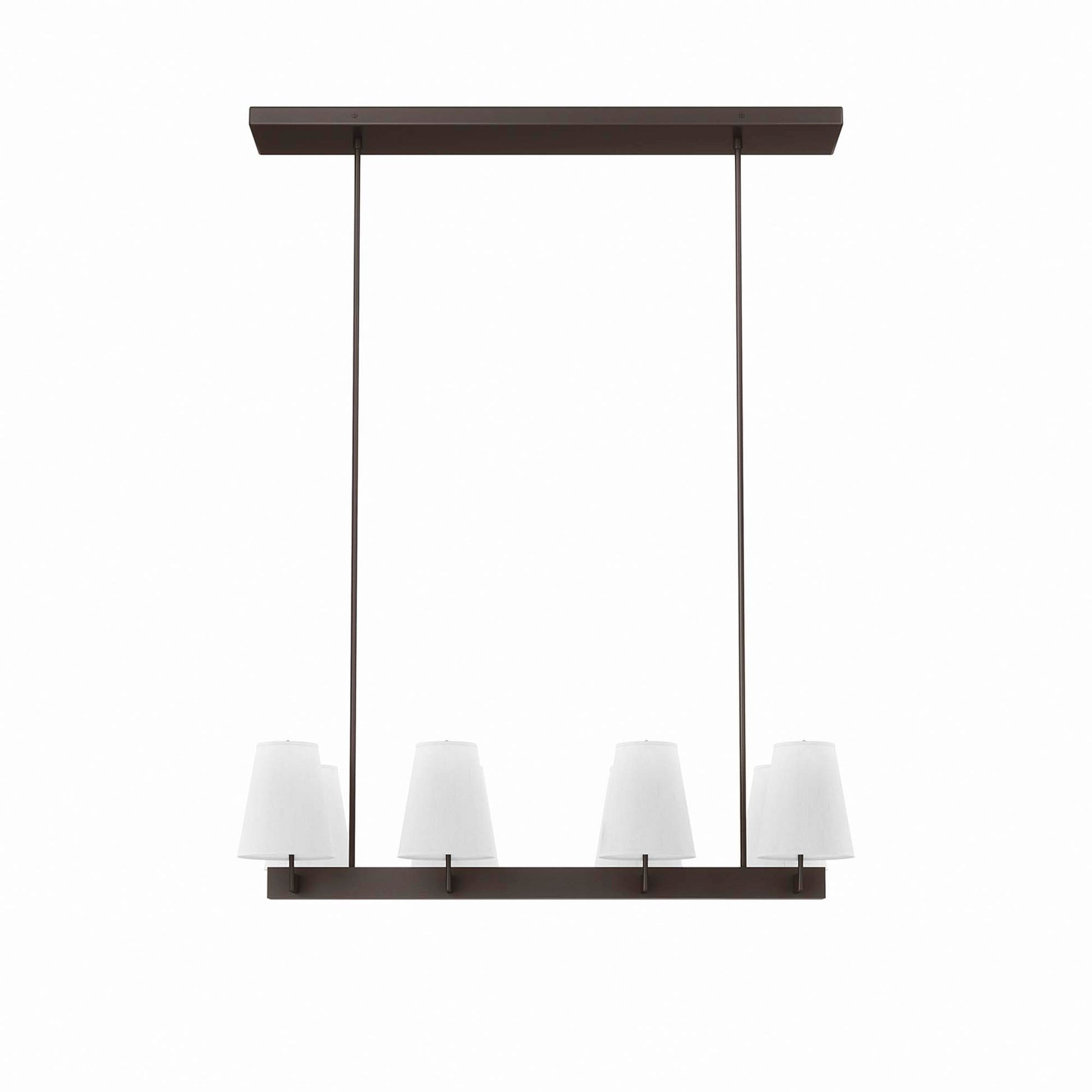 White brass finish eight-light chandelier with a metal frame and four white fabric drum shades; ceiling-hung chandelier.