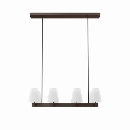 White brass finish eight-light chandelier with a metal frame and four white fabric drum shades; ceiling-hung chandelier.