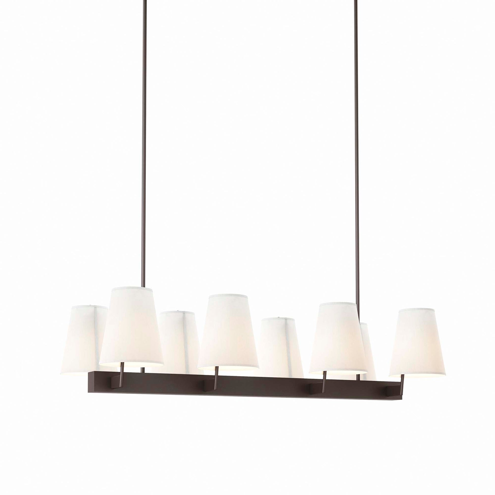White brass rectangular bar chandelier with eight white fabric cone shades suspended by cords; contemporary dining room lighting.