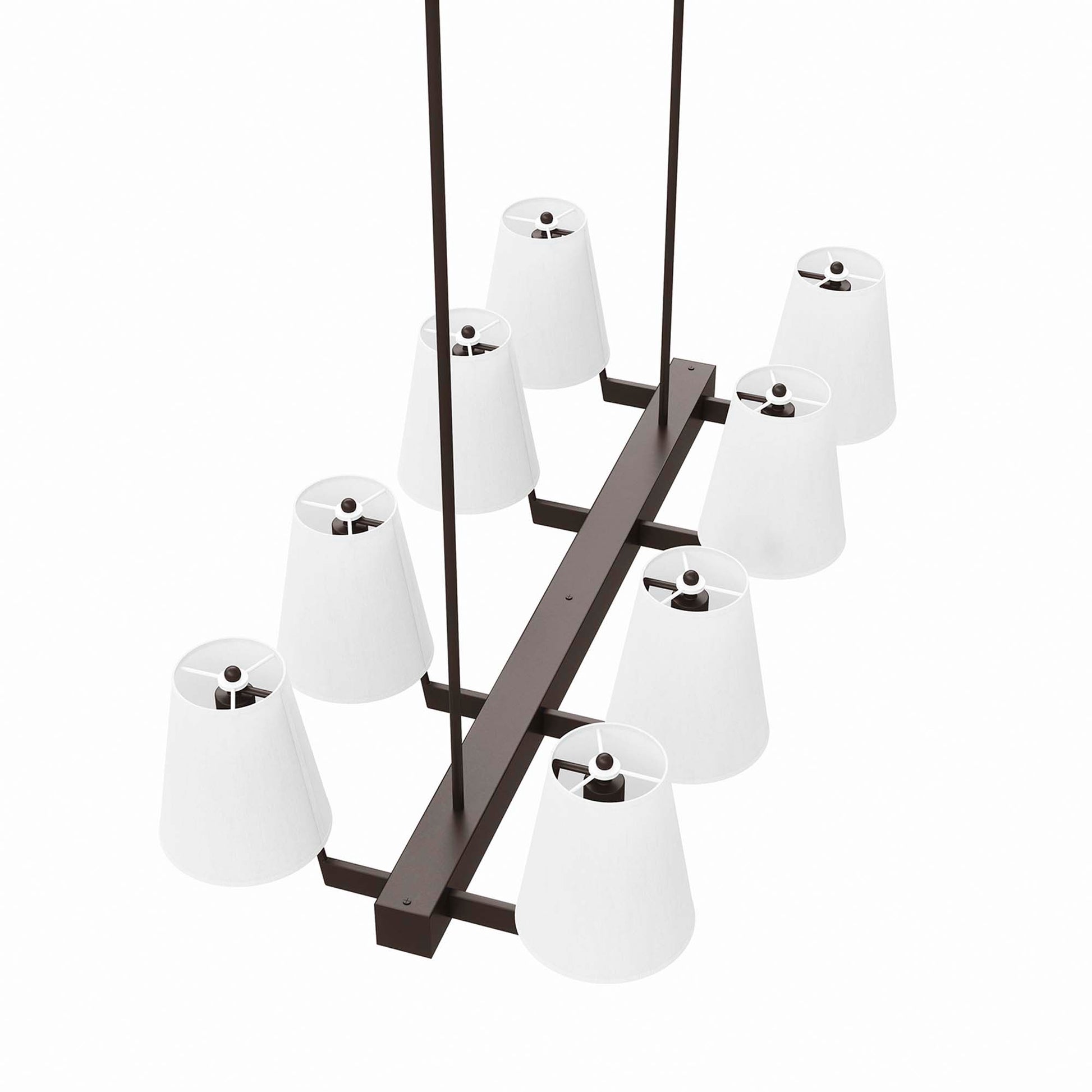 White brass rectangular chandelier with eight white fabric cone shades on a metal frame.