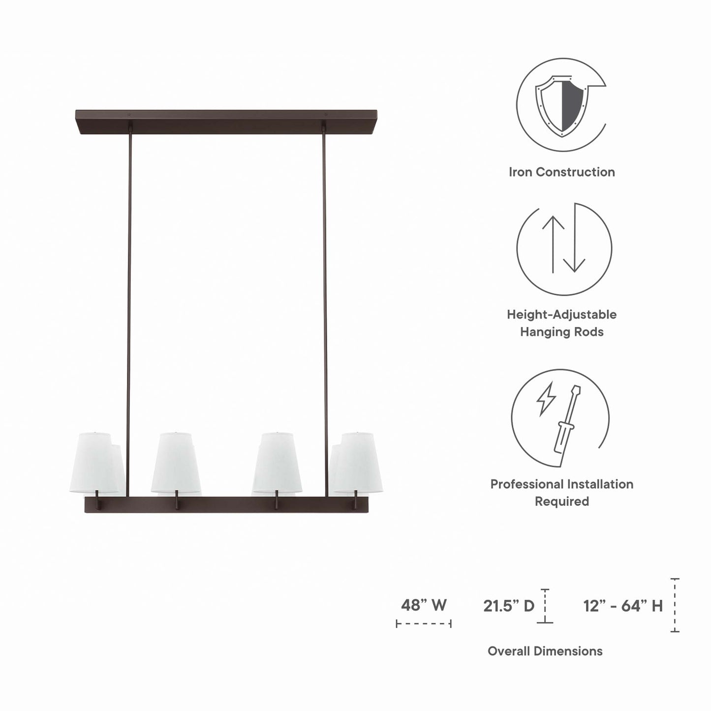 White brass rectangular chandelier with eight white tapered shades; ceiling-hung dining room fixture.
