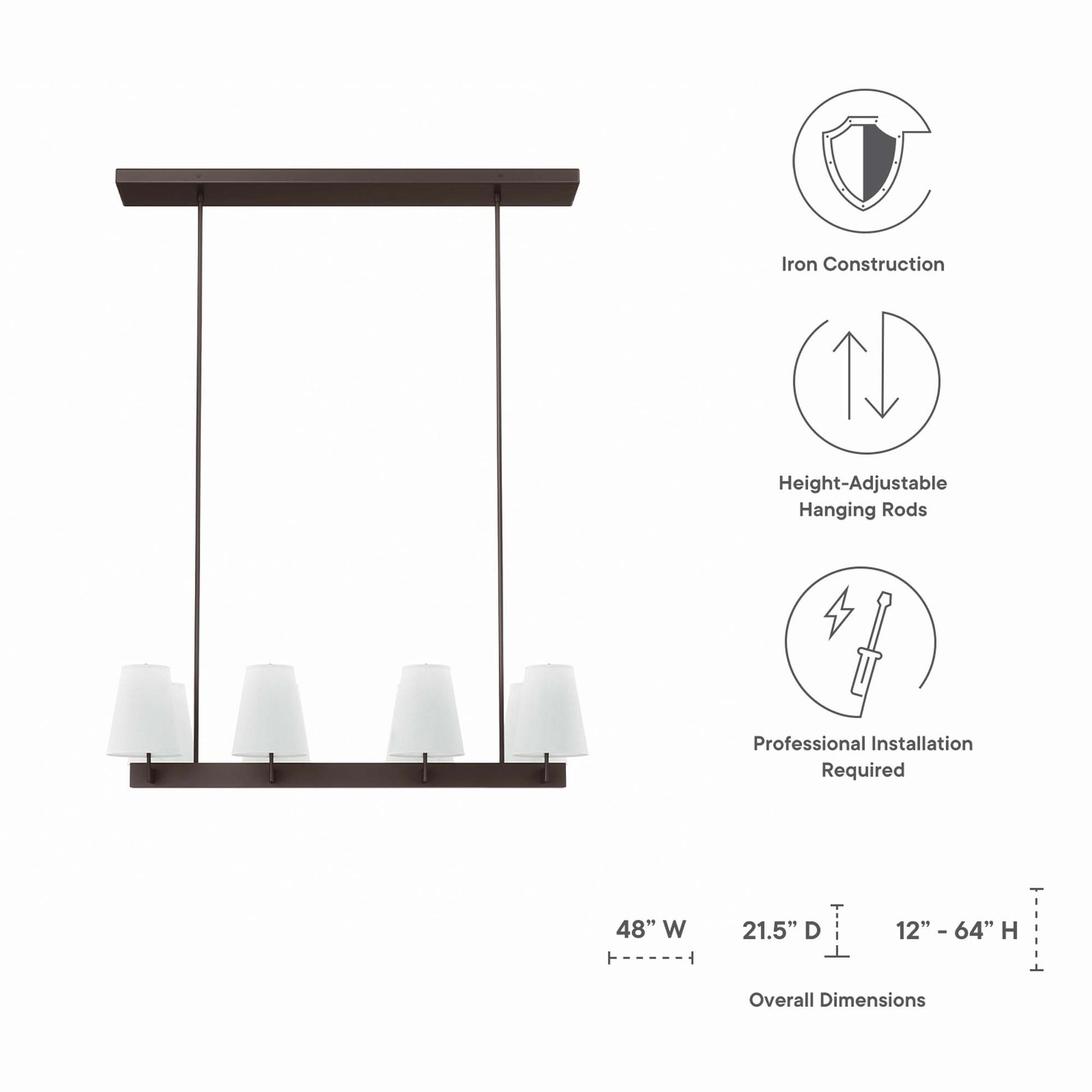 White brass rectangular chandelier with eight white tapered shades; ceiling-hung dining room fixture.