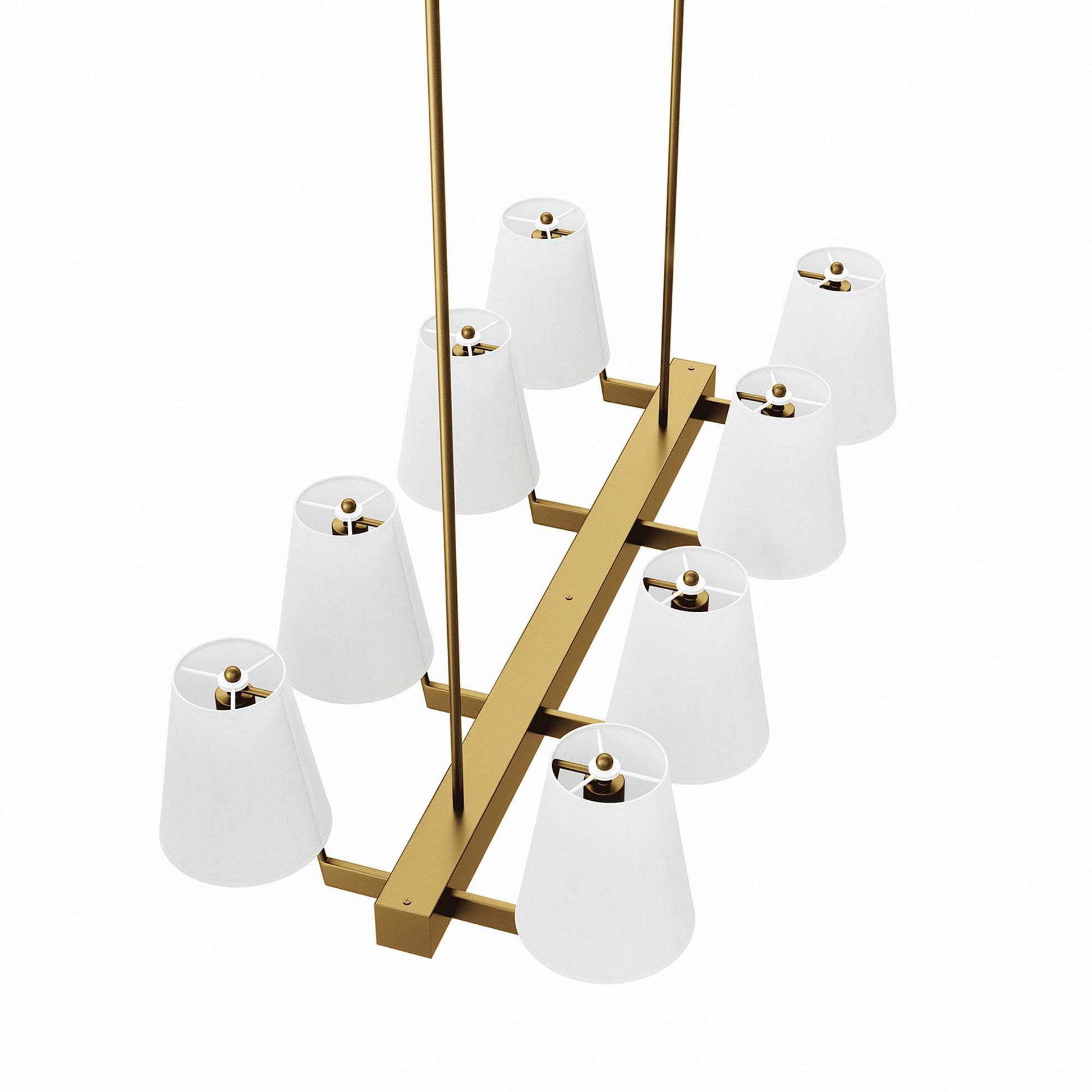 White satin brass linear chandelier with eight white cone lampshades for dining or living areas.