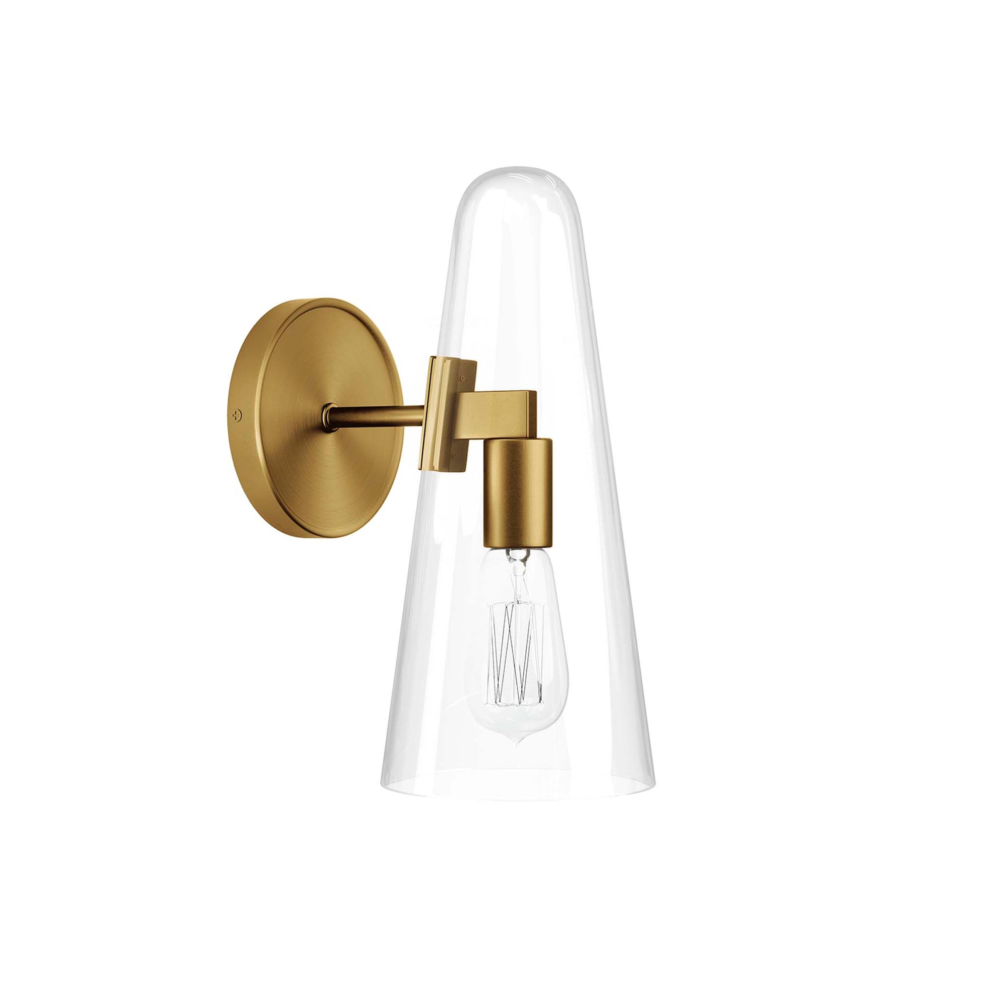 Brass wall sconce with clear elongated glass shade and exposed filament bulb, modern vintage design.