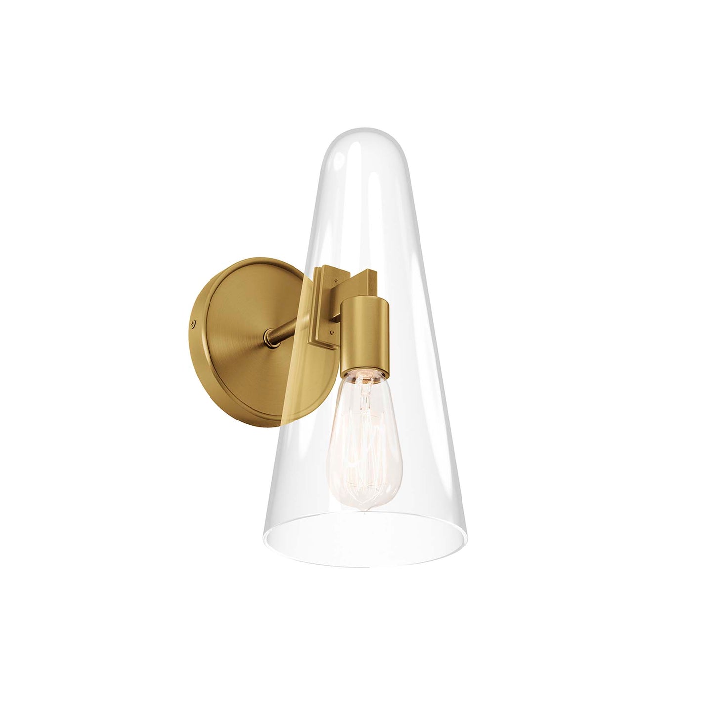 Brass satin wall sconce with a clear glass cone shade and exposed Edison bulb.