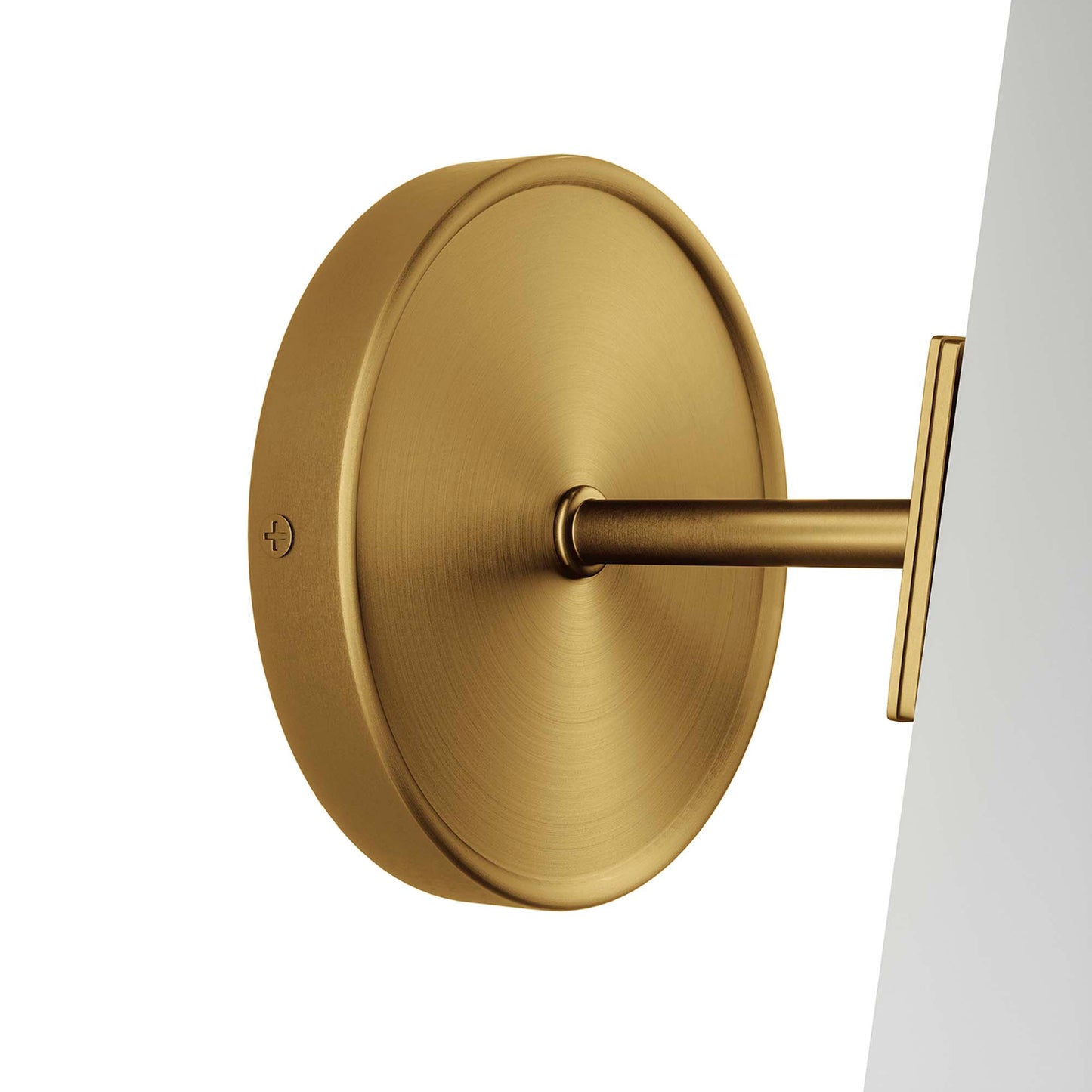 Satin clear brass wall sconce with a round backplate and a cylindrical clear glass shade, one-light.