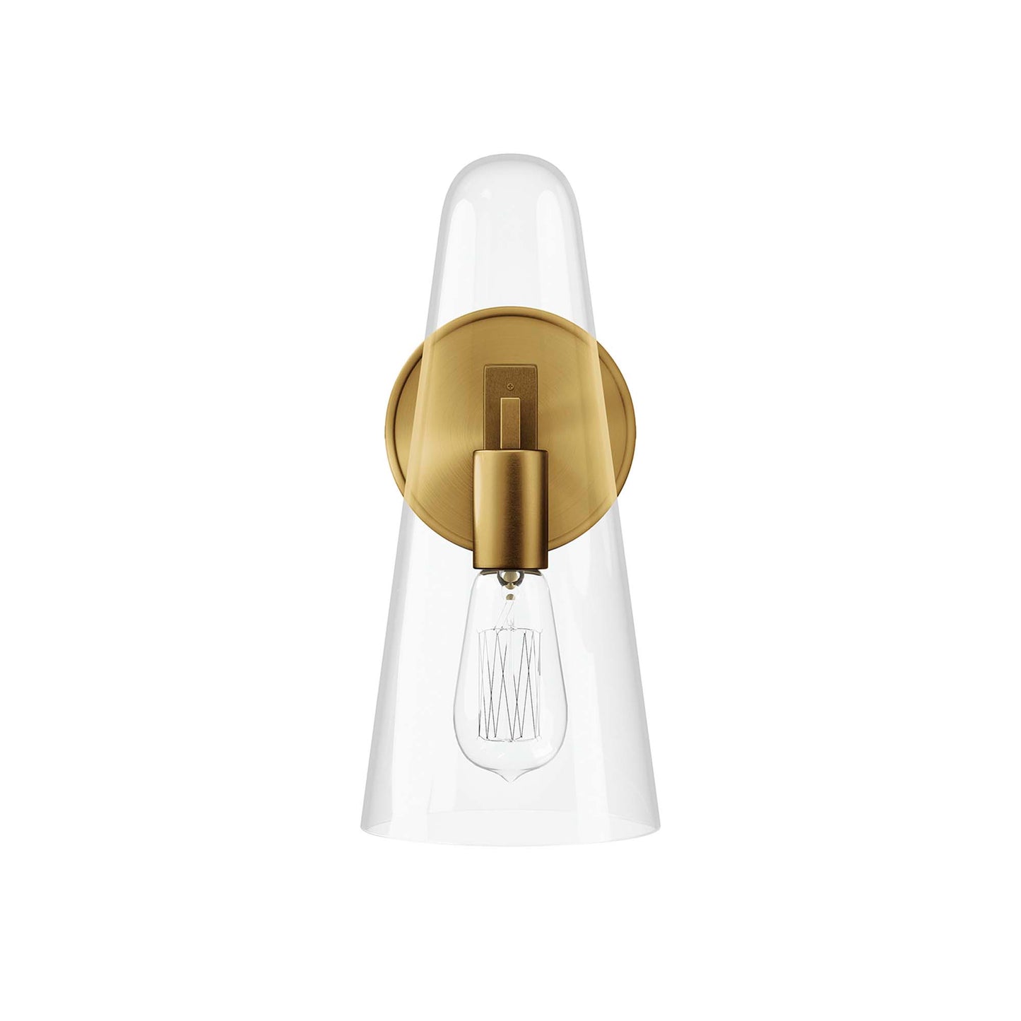 Brass wall sconce with clear glass cone shade and exposed Edison bulb.