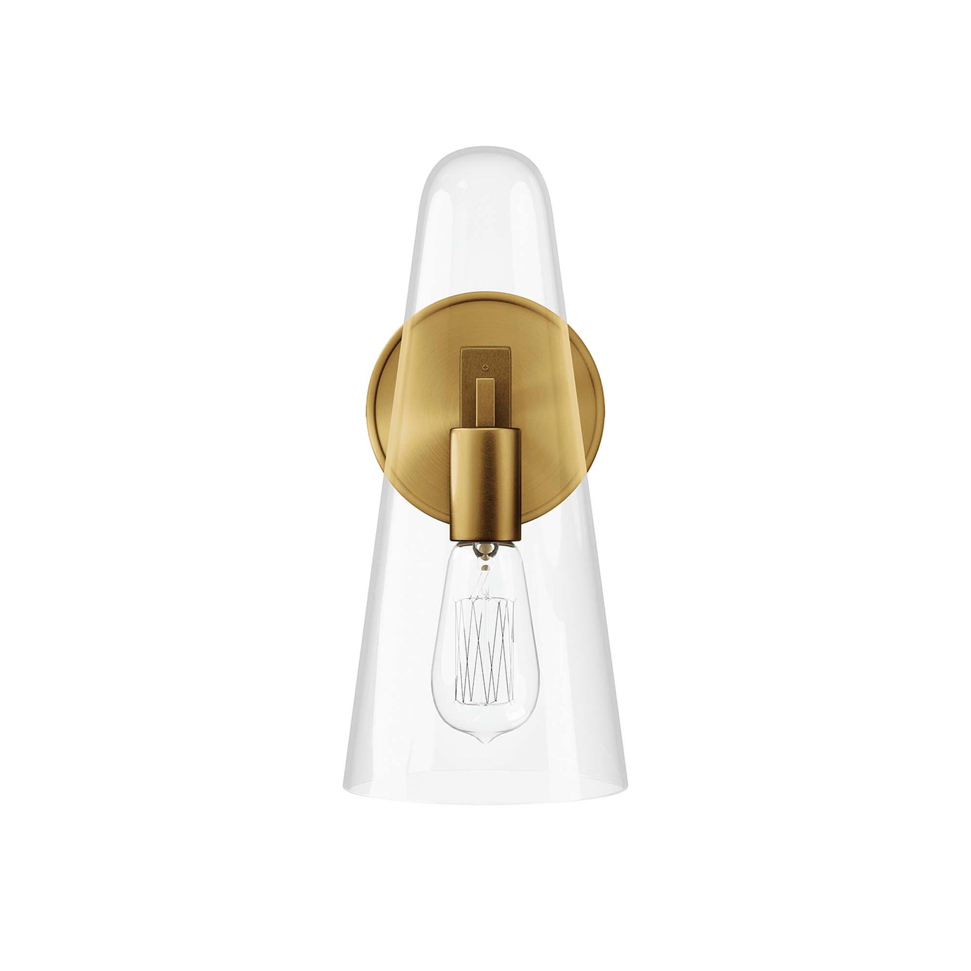 Brass wall sconce with clear glass cone shade and exposed Edison bulb.