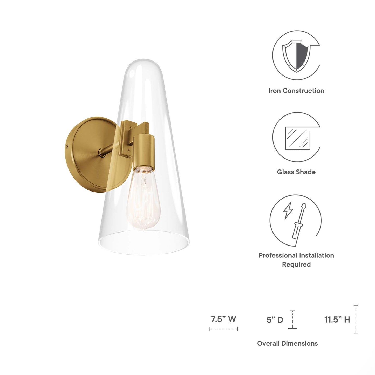 Satin brass wall sconce with a tall clear glass shade and an exposed Edison-style bulb.