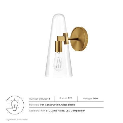 Brass finish wall sconce with clear glass cone shade and round backplate, 1-light.