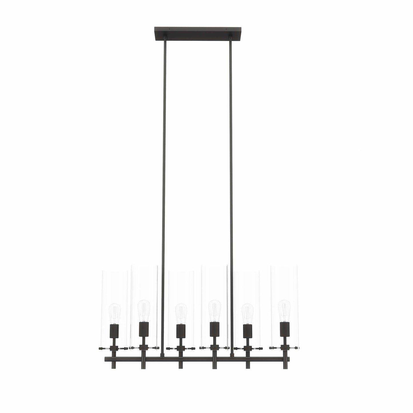 Industrial black metal linear chandelier with clear glass panels & exposed Edison bulbs.