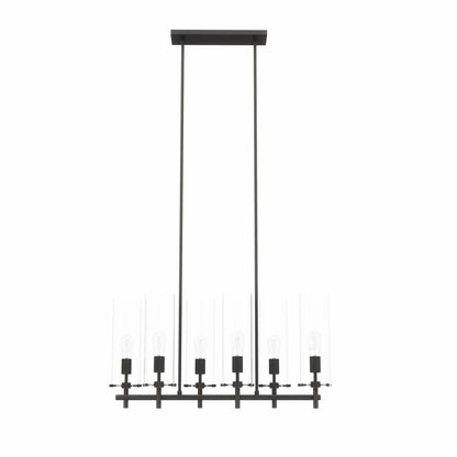 Industrial black metal linear chandelier with clear glass panels & exposed Edison bulbs.
