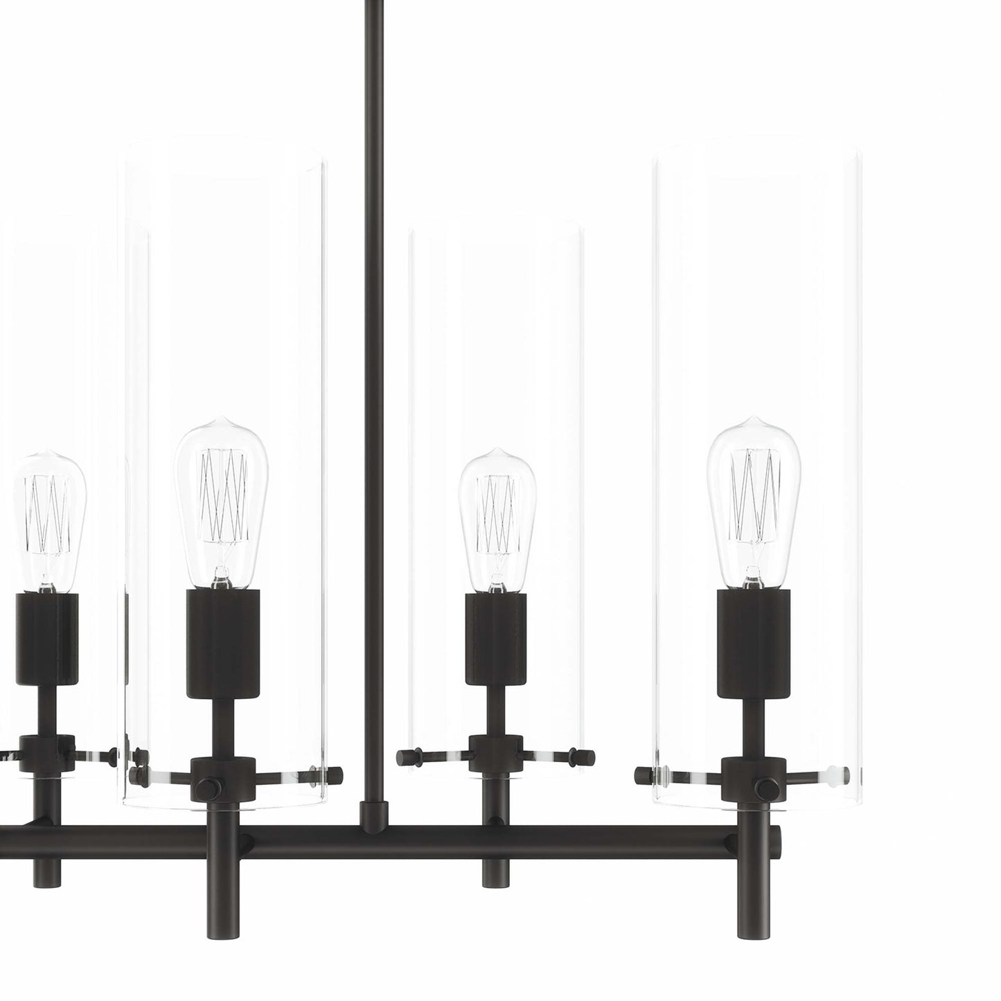 Black metal 6-light chandelier with clear glass tube shades and exposed Edison bulbs, industrial modern style.