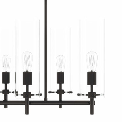 Black metal 6-light chandelier with clear glass tube shades and exposed Edison bulbs, industrial modern style.