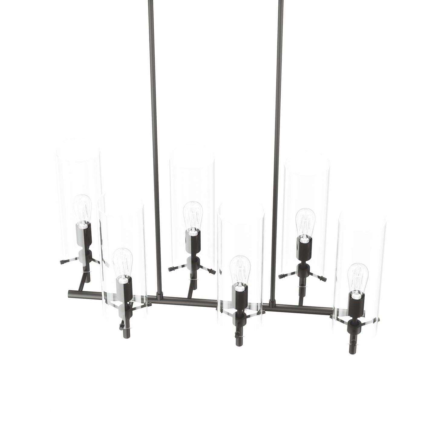 Industrial black metal chandelier with multiple clear glass cylinders and exposed bulbs along a horizontal bar.