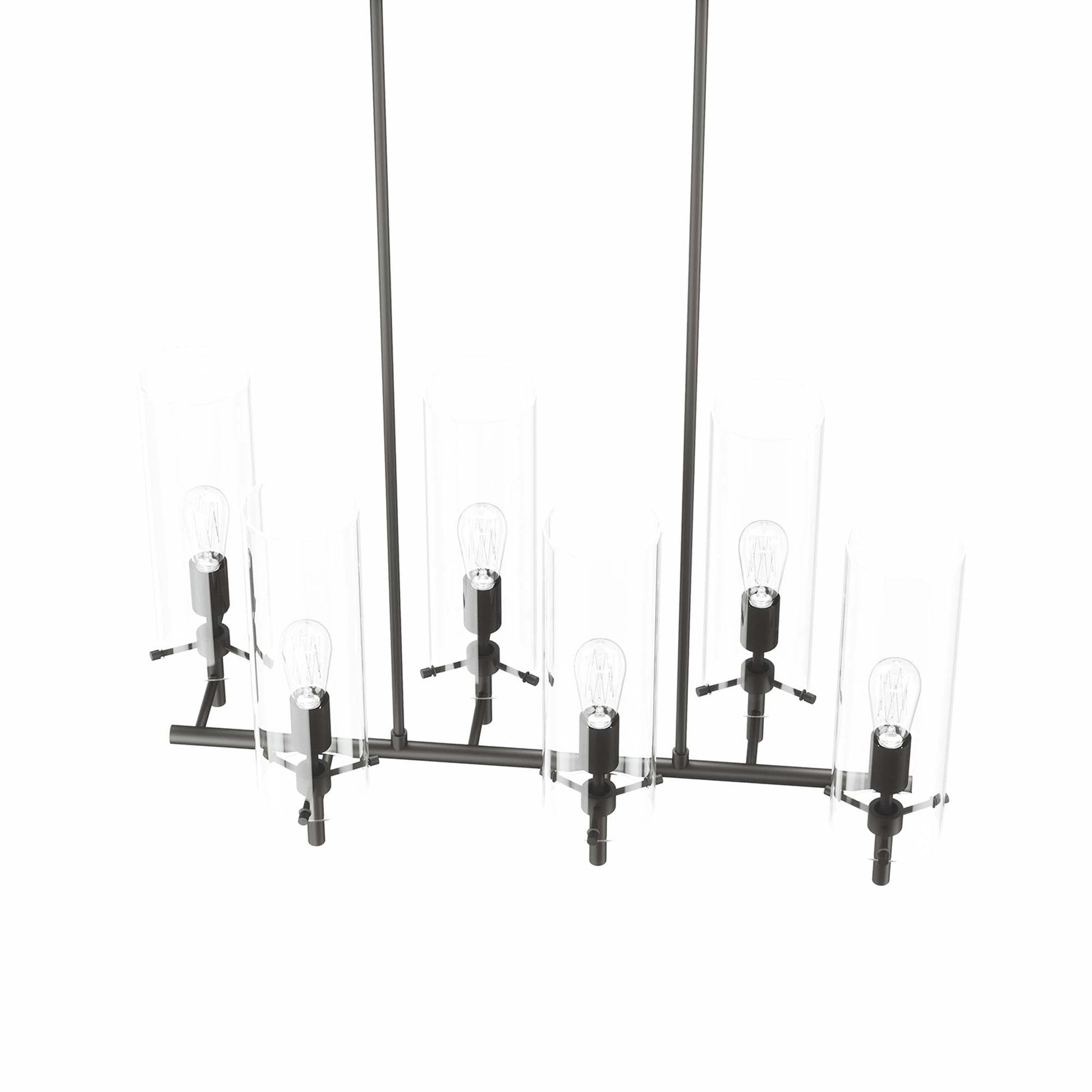 Industrial black metal chandelier with multiple clear glass cylinders and exposed bulbs along a horizontal bar.