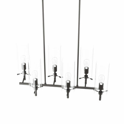 Industrial black metal chandelier with multiple clear glass cylinders and exposed bulbs along a horizontal bar.
