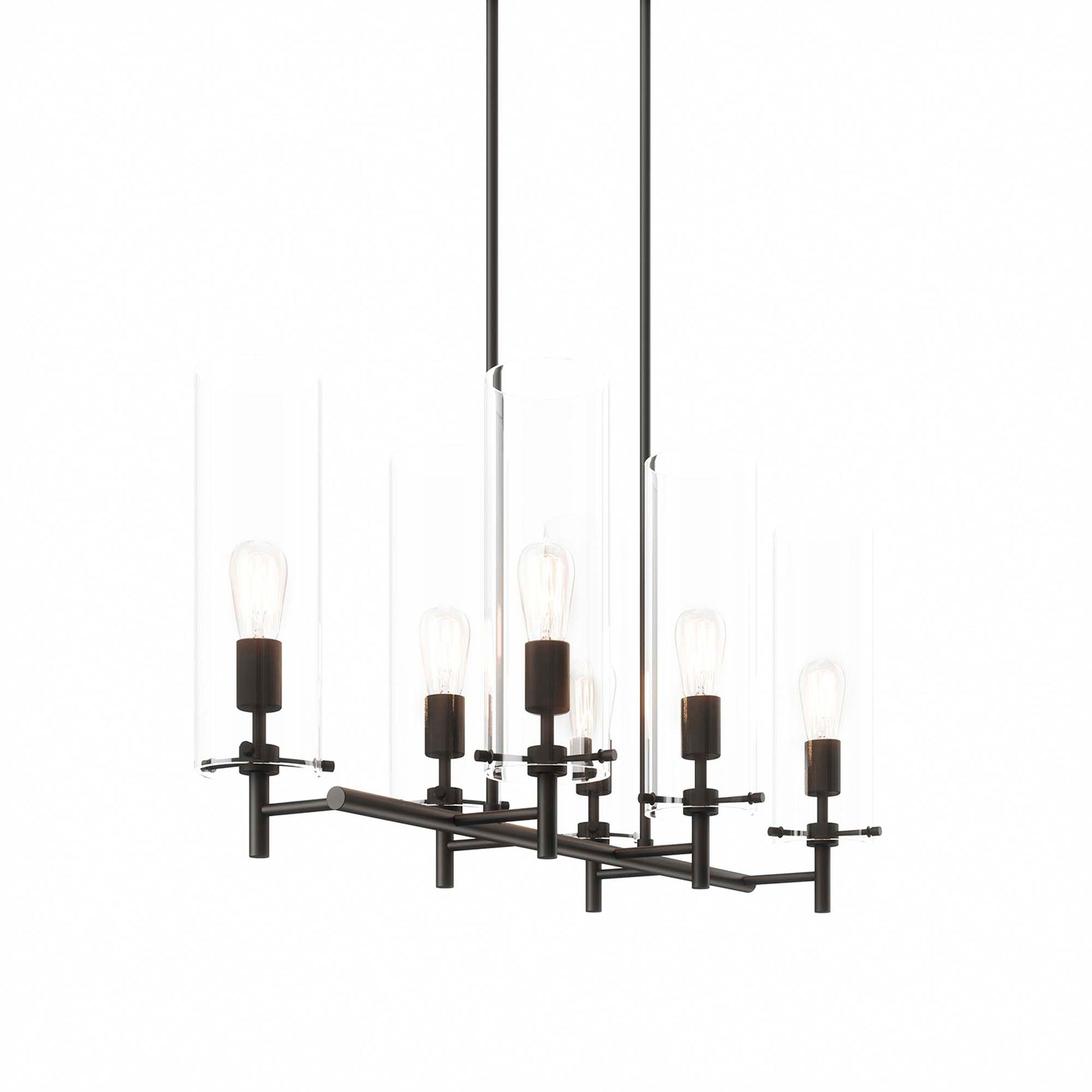 Black metal six-light chandelier with exposed Edison bulbs and slender clear glass cylinders, modern industrial.