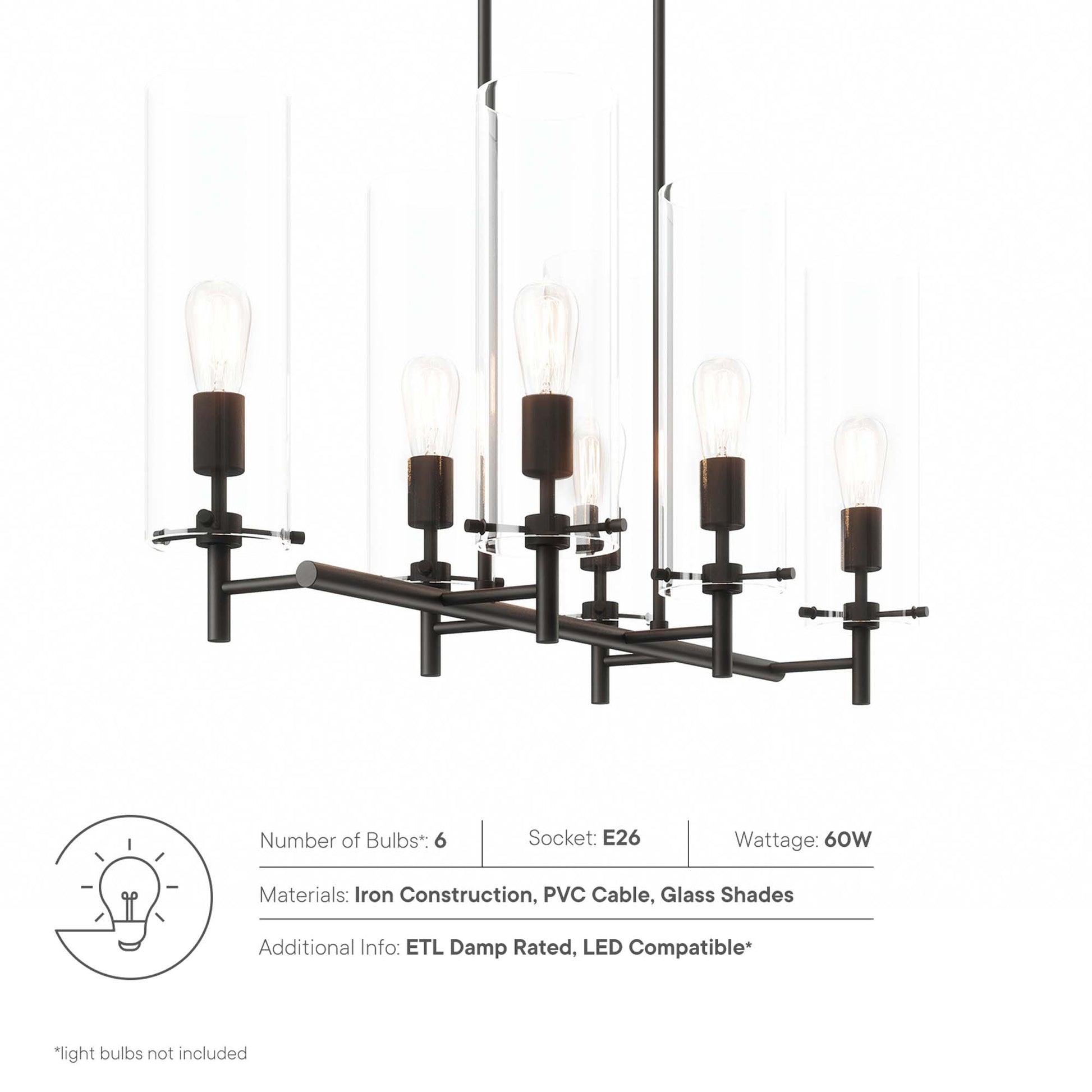 Industrial black metal chandelier with six E26 sockets and clear glass tube shades, Edison bulbs.