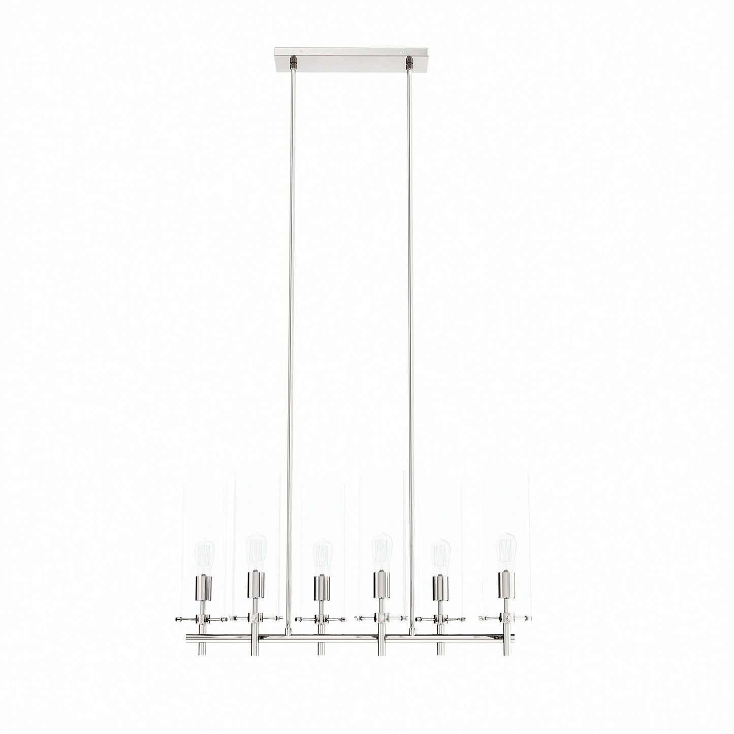Clear polished nickel 6-light linear chandelier with exposed bulbs and glass sleeves, suspended by two cables from a ceiling mount.