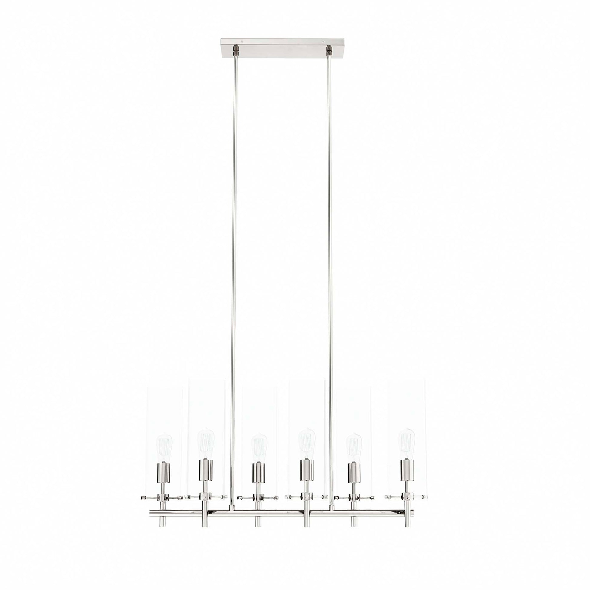 Clear polished nickel 6-light linear chandelier with exposed bulbs and glass sleeves, suspended by two cables from a ceiling mount.