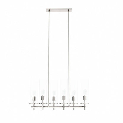 Clear polished nickel 6-light linear chandelier with exposed bulbs and glass sleeves, suspended by two cables from a ceiling mount.