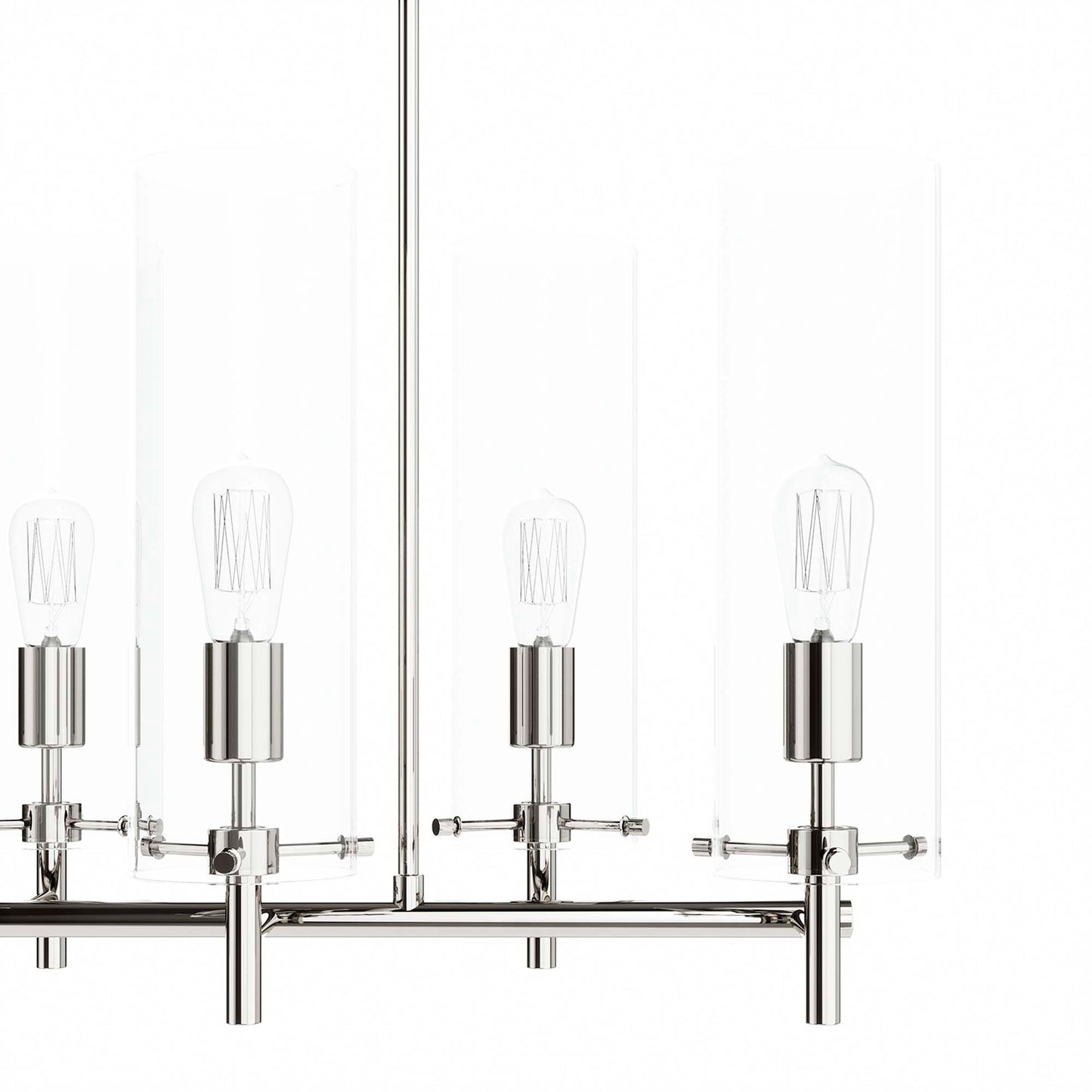 Polished nickel finish chandelier with exposed Edison bulbs inside tall clear glass sleeves, contemporary bar-style fixture.