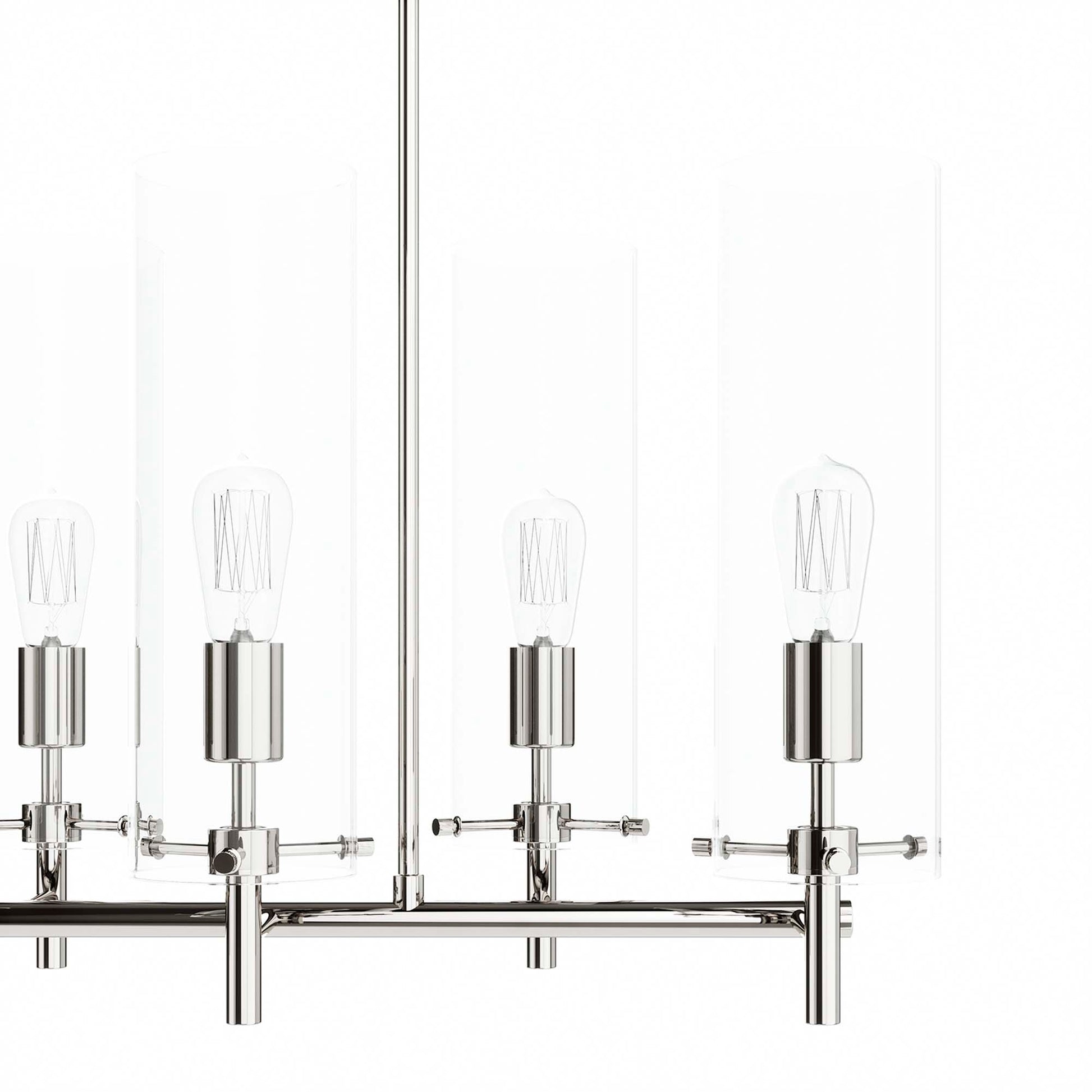 Polished nickel finish chandelier with exposed Edison bulbs inside tall clear glass sleeves, contemporary bar-style fixture.