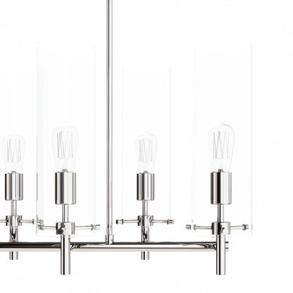 Polished nickel finish chandelier with exposed Edison bulbs inside tall clear glass sleeves, contemporary bar-style fixture.