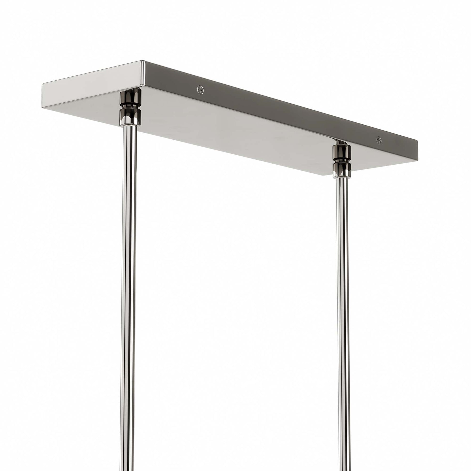 Clear polished nickel six-light chandelier with a rectangular ceiling canopy and slim vertical supports.