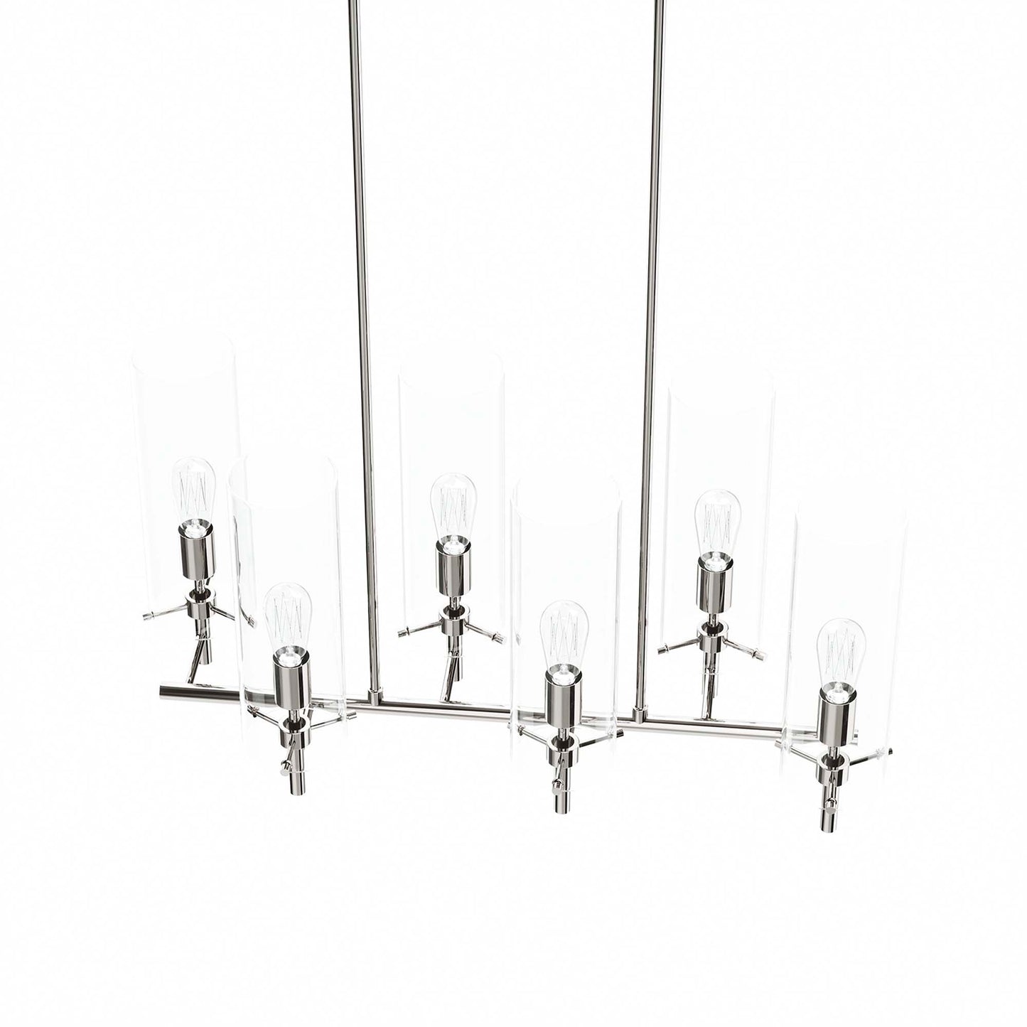 Polished nickel chandelier with six clear filament bulbs on a horizontal bar, modern industrial style.