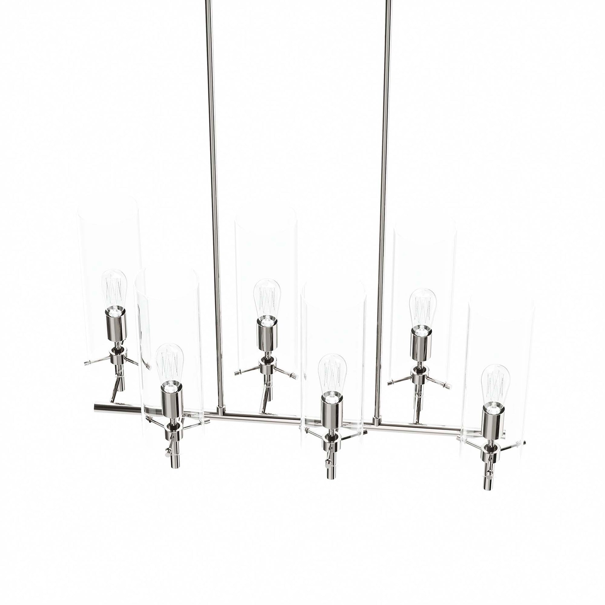Polished nickel chandelier with six clear filament bulbs on a horizontal bar, modern industrial style.
